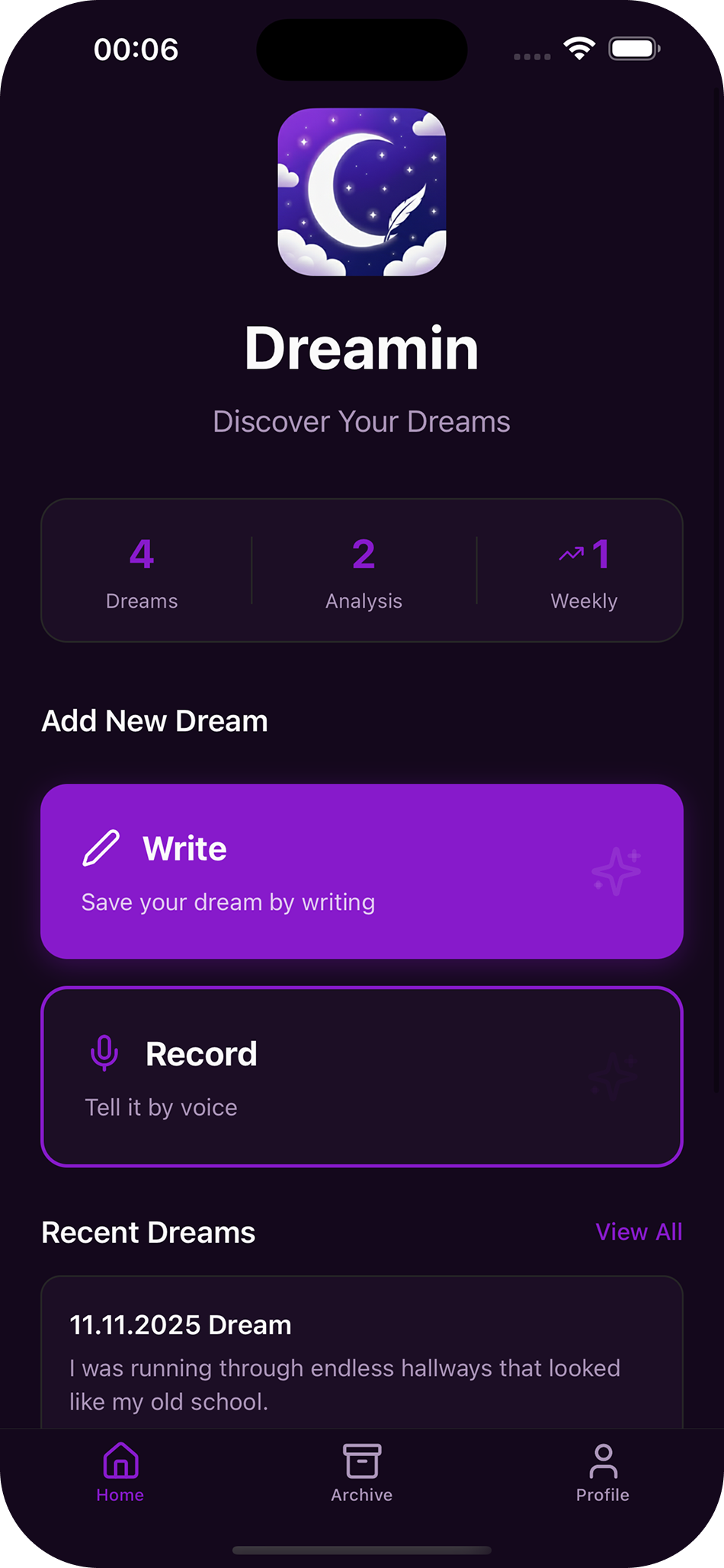Dreamin home screen with writing and voice recording