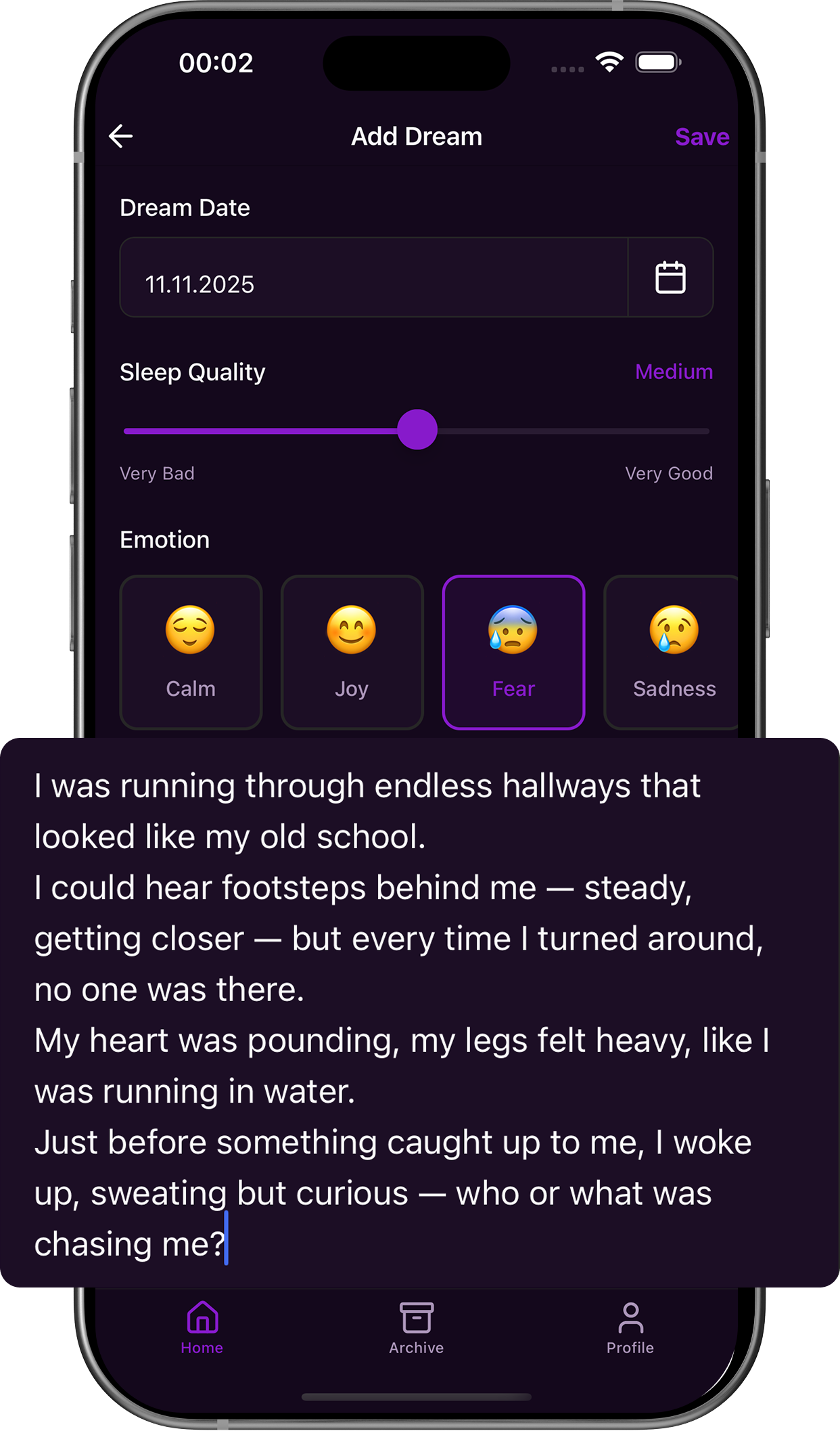 Detailed and personalized dream analysis screen