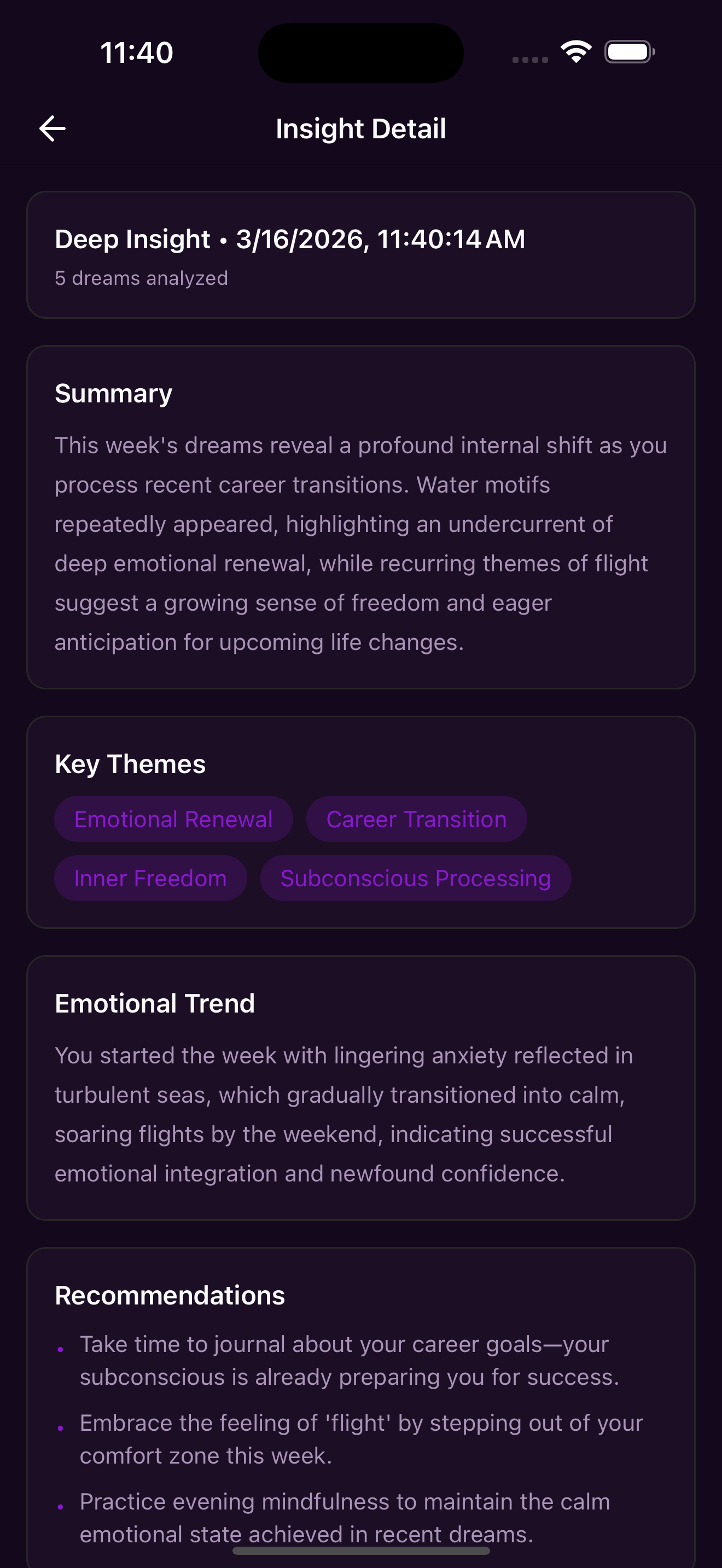 Screen showing emotion states and deep insights